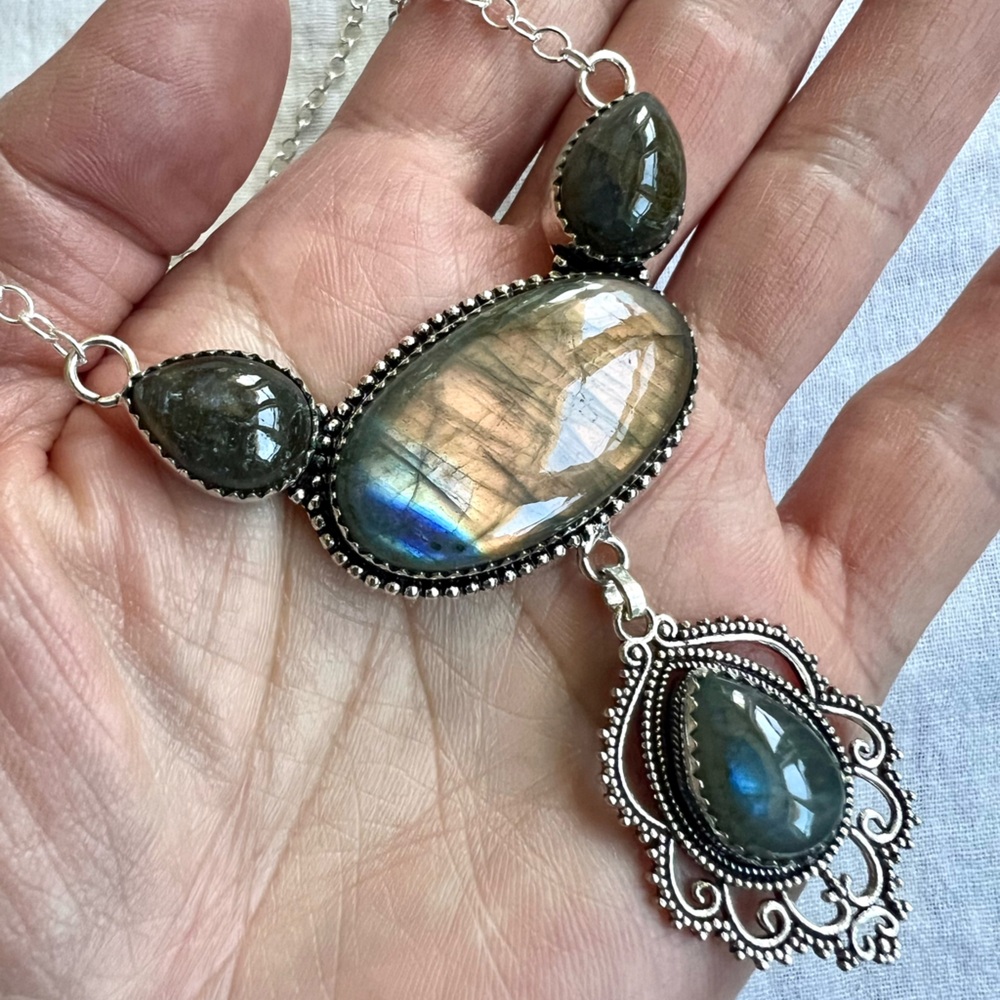 925 Rose Gold FLASH LABRADORITE Chandelier Pendant Necklace